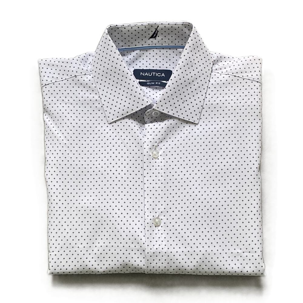 Nautica Dress Shirt Men's 14-14.5 32/33 Performance Slim Fit White Diamond NEW
